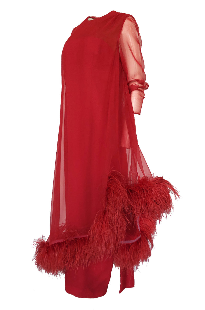 1960s Unlabeled Red Silk Chiffon Caftan Dress w Red Feather Trim