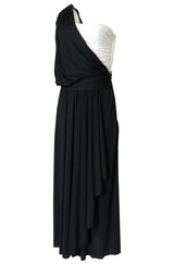 1980s Bill Blass Draped Black and White Jersey One Shoulder Dress