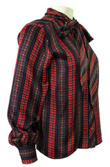 1970s Yves Saint Laurent Red Silk Silk Top w Tie Neck
