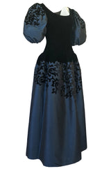 Fall 1981 Oscar de la Renta Blue Silk & Velvet Applique Dress w Pouf Sleeves