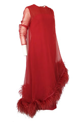 1960s Unlabeled Red Silk Chiffon Caftan Dress w Red Feather Trim