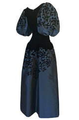 Fall 1981 Oscar de la Renta Blue Silk & Velvet Applique Dress w Pouf Sleeves