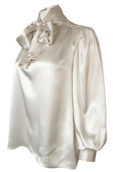 Luxurious 1970s Yves Saint Laurent Ivory Cream Silk Satin Tie Top Blouse