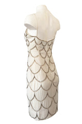1960s Mr. Blackwell Gold & Silver Beaded Loop Design Ivory Silk Dress