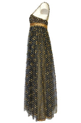 Fall 1968 James Galanos Couture Metallic Gold and Silver Detail on Net Dress