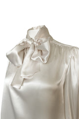 Luxurious 1970s Yves Saint Laurent Ivory Cream Silk Satin Tie Top Blouse