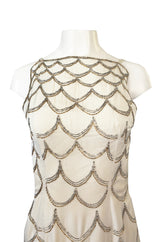 1960s Mr. Blackwell Gold & Silver Beaded Loop Design Ivory Silk Dress