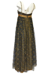 Fall 1968 James Galanos Couture Metallic Gold and Silver Detail on Net Dress