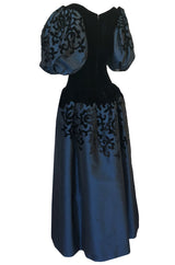 Fall 1981 Oscar de la Renta Blue Silk & Velvet Applique Dress w Pouf Sleeves