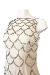 1960s Mr. Blackwell Gold & Silver Beaded Loop Design Ivory Silk Dress
