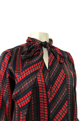 1970s Yves Saint Laurent Red Silk Silk Top w Tie Neck