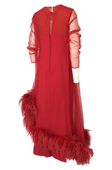 1960s Unlabeled Red Silk Chiffon Caftan Dress w Red Feather Trim