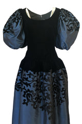 Fall 1981 Oscar de la Renta Blue Silk & Velvet Applique Dress w Pouf Sleeves