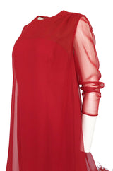 1960s Unlabeled Red Silk Chiffon Caftan Dress w Red Feather Trim