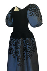 Fall 1981 Oscar de la Renta Blue Silk & Velvet Applique Dress w Pouf Sleeves