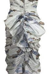 1950s Philip Hulitar Couture Floral Printed Silk Knife Pleated Dress