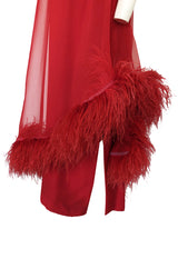 1960s Unlabeled Red Silk Chiffon Caftan Dress w Red Feather Trim