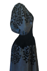 Fall 1981 Oscar de la Renta Blue Silk & Velvet Applique Dress w Pouf Sleeves