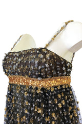 Fall 1968 James Galanos Couture Metallic Gold and Silver Detail on Net Dress