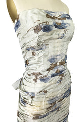 1950s Philip Hulitar Couture Floral Printed Silk Knife Pleated Dress
