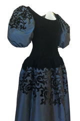 Fall 1981 Oscar de la Renta Blue Silk & Velvet Applique Dress w Pouf Sleeves