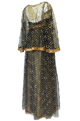 Fall 1968 James Galanos Couture Metallic Gold and Silver Detail on Net Dress