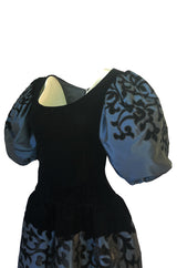 Fall 1981 Oscar de la Renta Blue Silk & Velvet Applique Dress w Pouf Sleeves