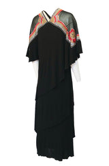 1970-1974 Janice Wainwright Embroidery & Sequin Tiered Jersey Cape Dress