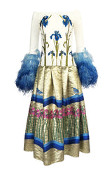Spring 2018 Vivetta Floral Embroidery, Feather Cuff & Metallic Brocade Dress