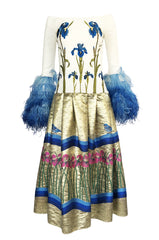 Spring 2018 Vivetta Floral Embroidery, Feather Cuff & Metallic Brocade Dress