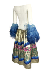 Spring 2018 Vivetta Floral Embroidery, Feather Cuff & Metallic Brocade Dress