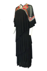 1970-1974 Janice Wainwright Embroidery & Sequin Tiered Jersey Cape Dress