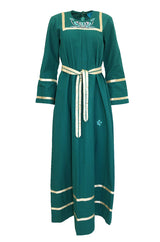 1960s Josefa Hand Embroidered Ribbon Detailed Teal Caftan Dress w Belt