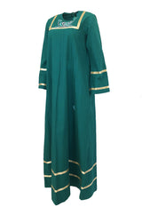 1960s Josefa Hand Embroidered Ribbon Detailed Teal Caftan Dress w Belt