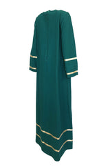 1960s Josefa Hand Embroidered Ribbon Detailed Teal Caftan Dress w Belt
