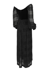 1970s Adele Simpson Off-Shoulder Pouf Sleeve Velvet & Chiffon Dress