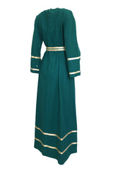 1960s Josefa Hand Embroidered Ribbon Detailed Teal Caftan Dress w Belt