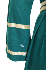 1960s Josefa Hand Embroidered Ribbon Detailed Teal Caftan Dress w Belt