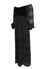 1970s Adele Simpson Off-Shoulder Pouf Sleeve Velvet & Chiffon Dress