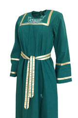 1960s Josefa Hand Embroidered Ribbon Detailed Teal Caftan Dress w Belt