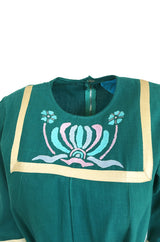 1960s Josefa Hand Embroidered Ribbon Detailed Teal Caftan Dress w Belt
