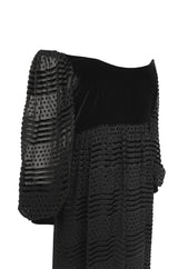 1970s Adele Simpson Off-Shoulder Pouf Sleeve Velvet & Chiffon Dress