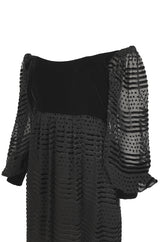 1970s Adele Simpson Off-Shoulder Pouf Sleeve Velvet & Chiffon Dress