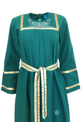 1960s Josefa Hand Embroidered Ribbon Detailed Teal Caftan Dress w Belt