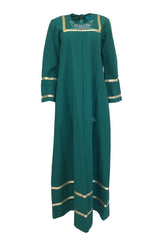 1960s Josefa Hand Embroidered Ribbon Detailed Teal Caftan Dress w Belt