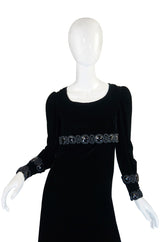 Late 1960s Miss Dior Velvet Midi Dress w Large Bead and Cord Detailing