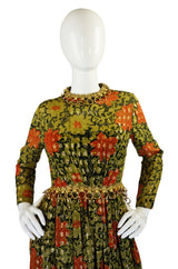 1970s Metal Ring Metallic Silk Maxi Dress