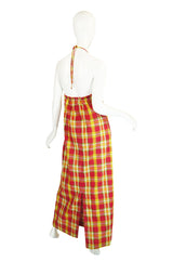 1970s Gingham Print Lace Front Halter Maxi Dress