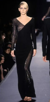 Fall 1997 Halston Black Bias Cut Jersey Dress w Transparent Beaded Net Panel
