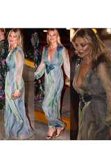 1974 Thea Porter Couture Documented 'Wave' Print Silk Chiffon Backless Dress